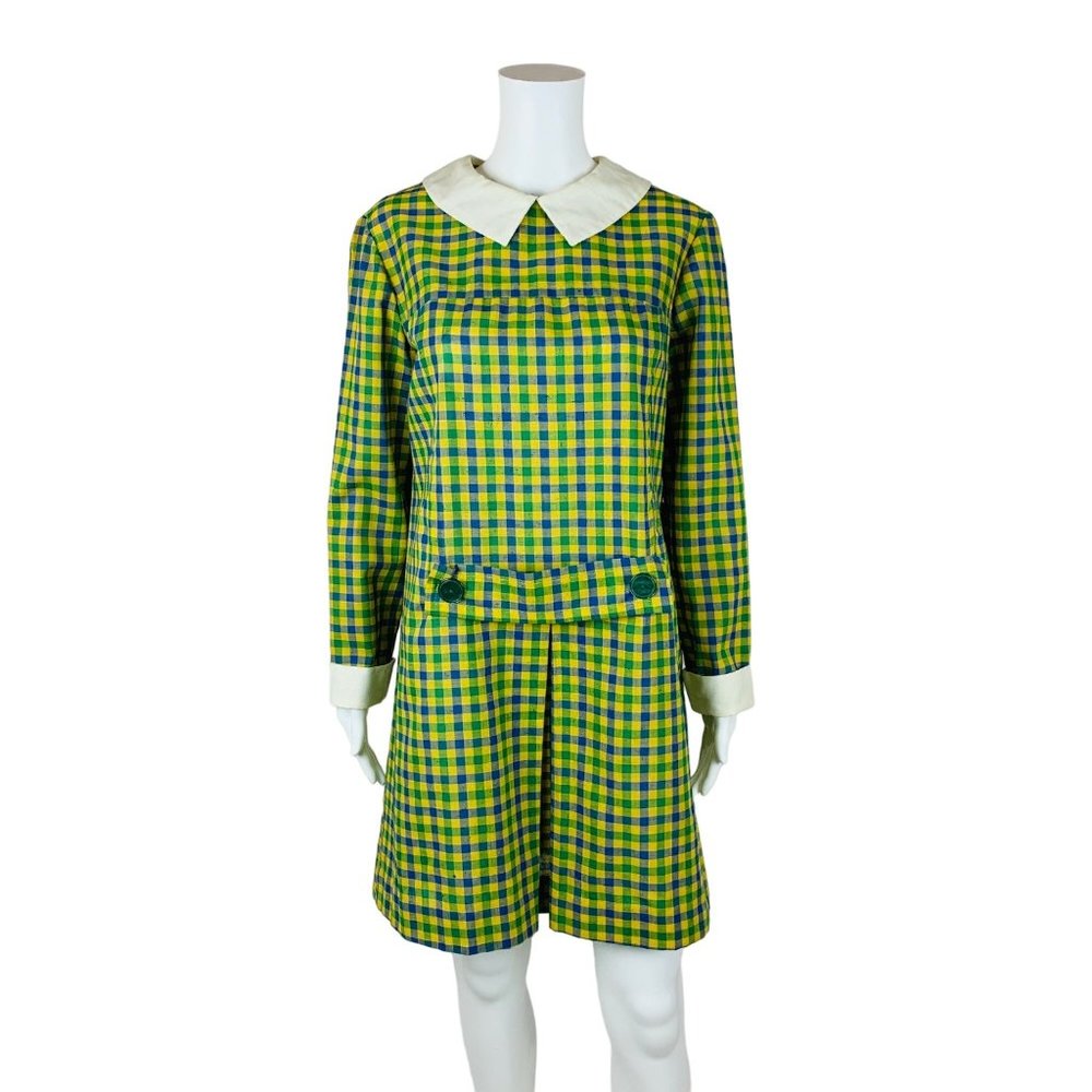 Vintage 1960s Checkered Dress Blue Green Schoolgirl Peter Pan Collar Sears - Picture 1 of 11